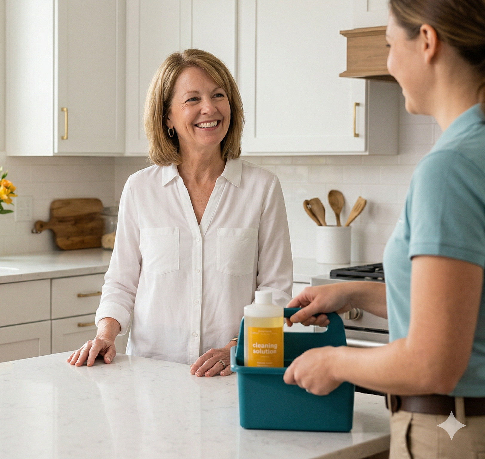 Gladys with cleaning supplies